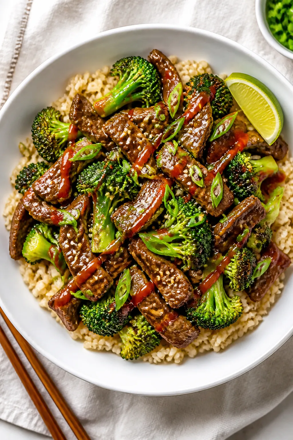 Final plated overhead: Lean Beef & Broccoli Power Bowl arranged over fluffy brown rice in a wide whi