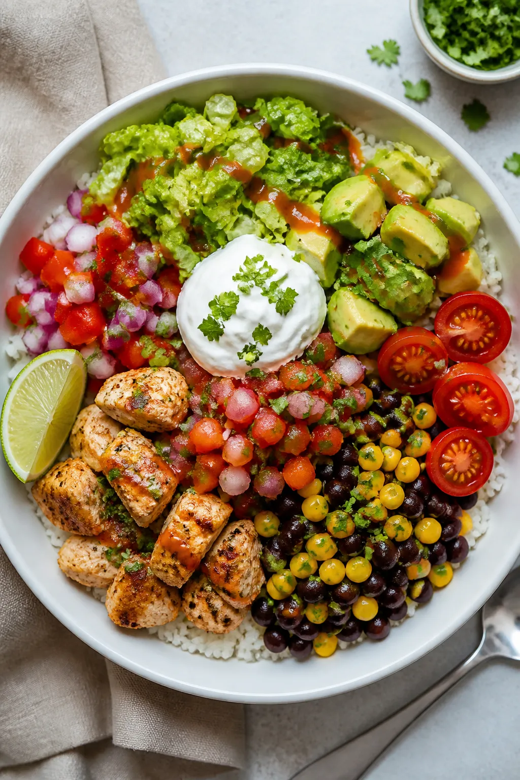 Final plated overhead: Protein Packed Chicken Burrito Bowl in a wide, matte white bowl, showing neat