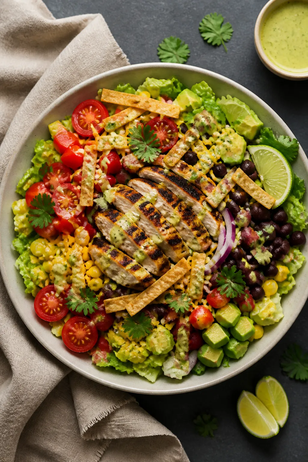 Final plated overhead: Protein Packed Chicken Taco Salad arranged in a wide shallow bowl—crisp cho