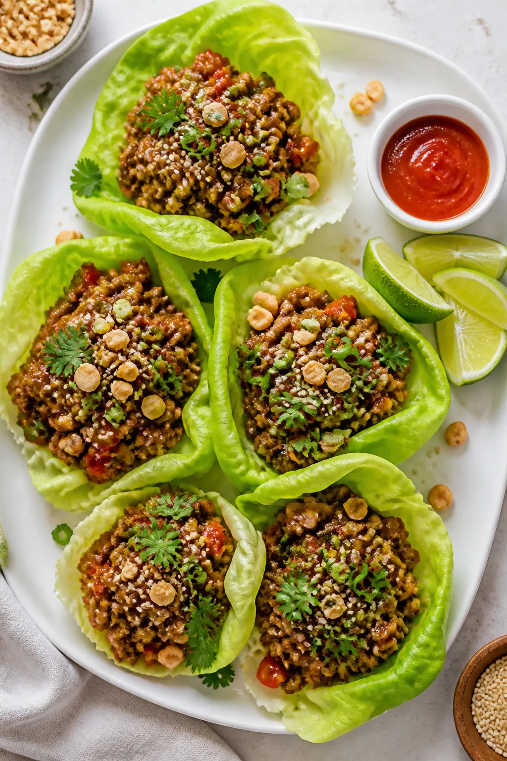 Final plated overhead: Protein packed ground chicken lettuce wraps assembled in chilled butter lettu