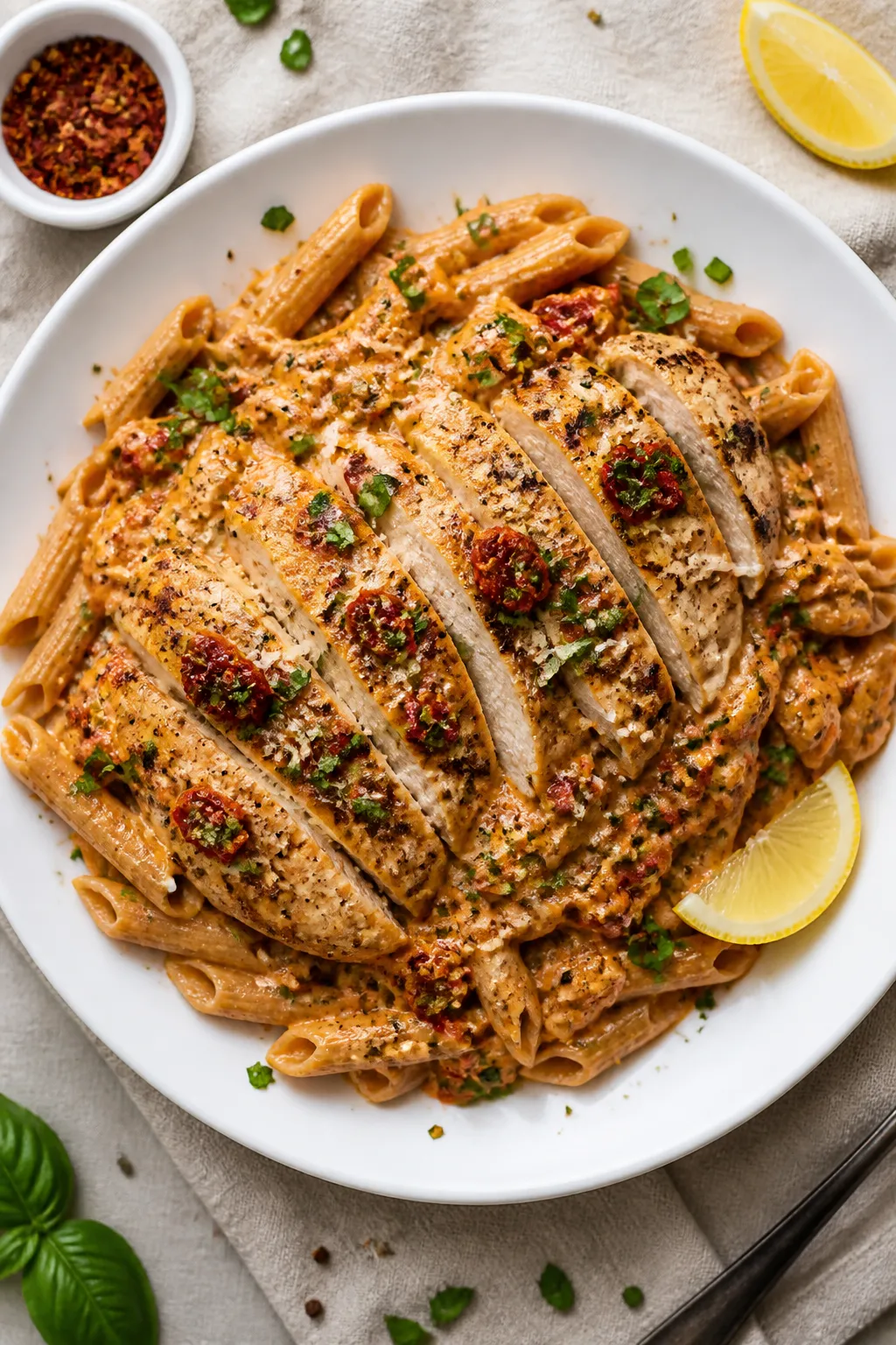 Final plated overhead: Restaurant-style presentation of High Protein Marry Me Chicken over al dente 