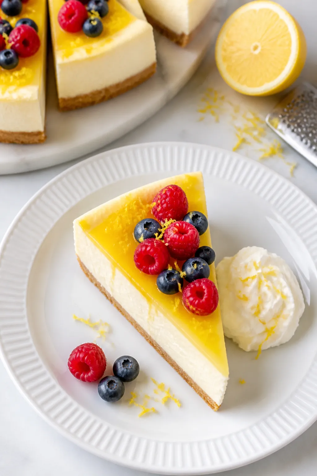 Final plated overhead shot of a pristine slice of Cottage Cheese Lemon Cheesecake on a white rimmed 