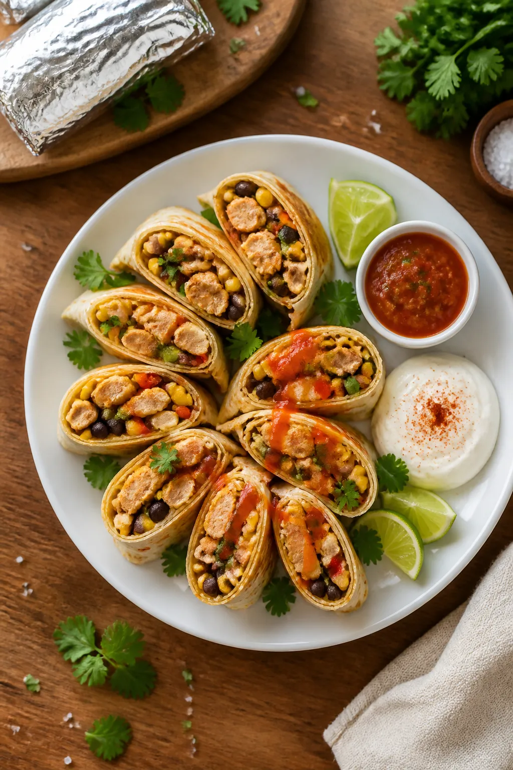 Final plated overhead: Sliced High Protein Southwest Chicken Roll-Ups arranged in a fan on a matte w