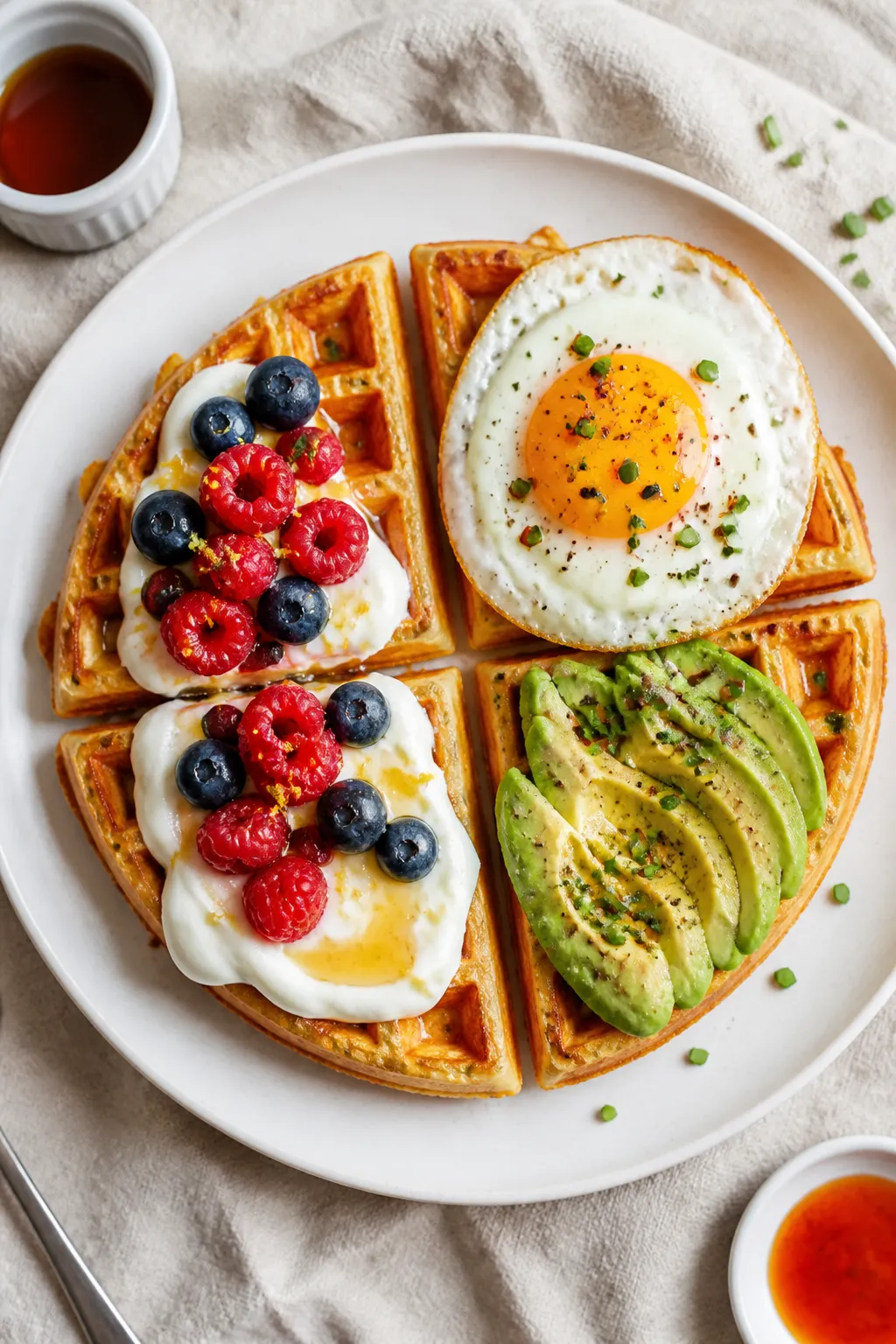 Final plated overhead: Tasty top-down shot of a round cottage cheese waffle quartered and fanned on 