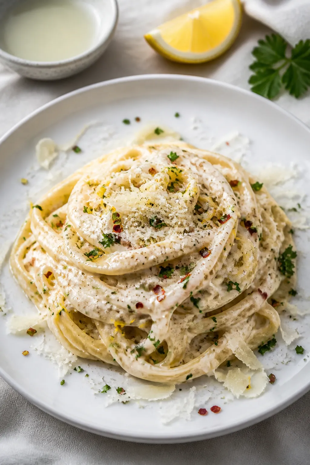 Final plated overhead: Tasty top-down shot of a twirled mound of fettuccine coated in creamy cottage