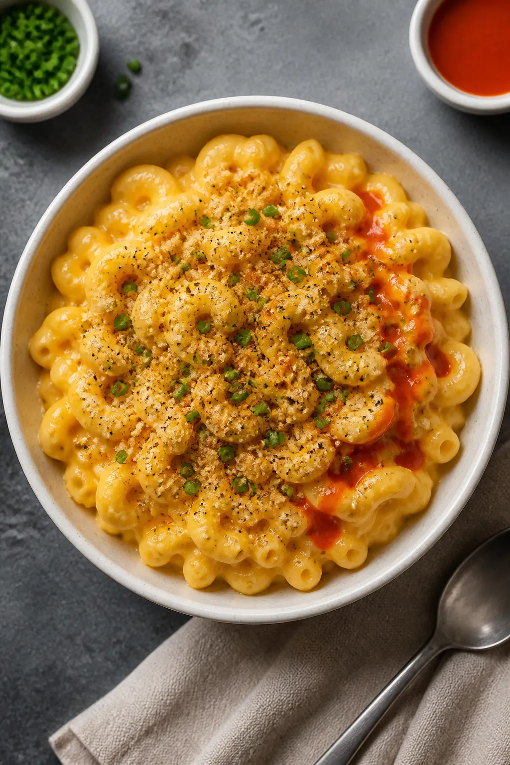 Final plated overhead: Tasty top view of a warm bowl of high-protein cottage cheese mac and cheese w