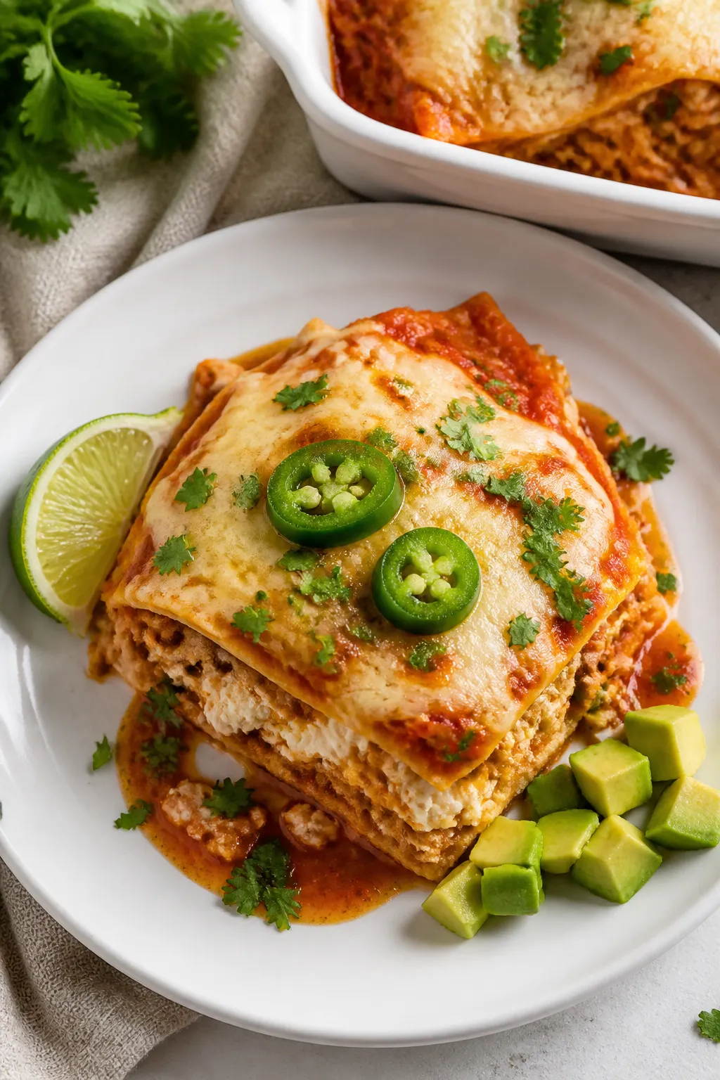 Final plated overhead: Top-down shot of a neatly sliced square of Cottage Cheese Chicken Enchilada C