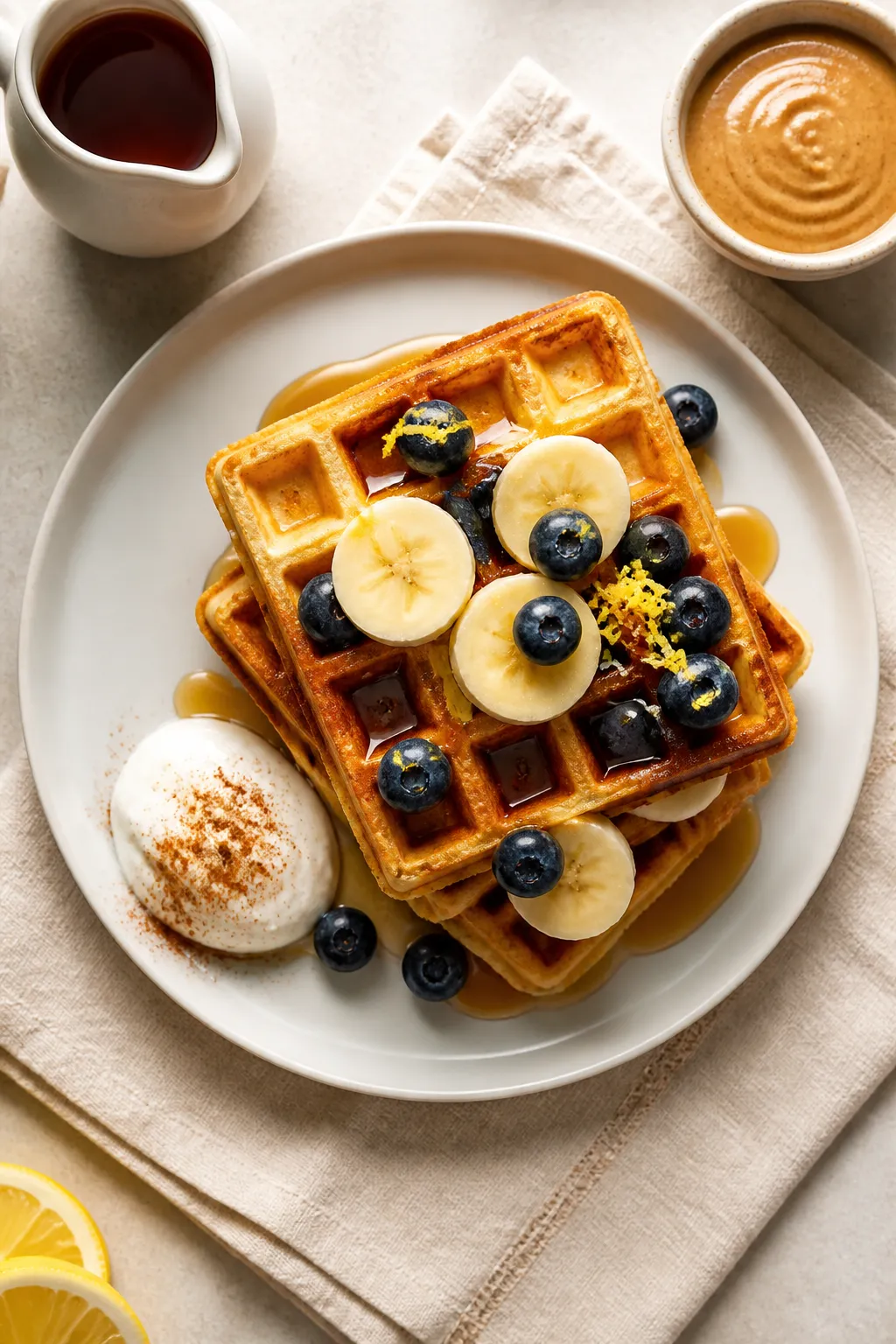 Final plated, overhead: Top-down shot of a stack of cottage cheese protein waffles with sharply defi