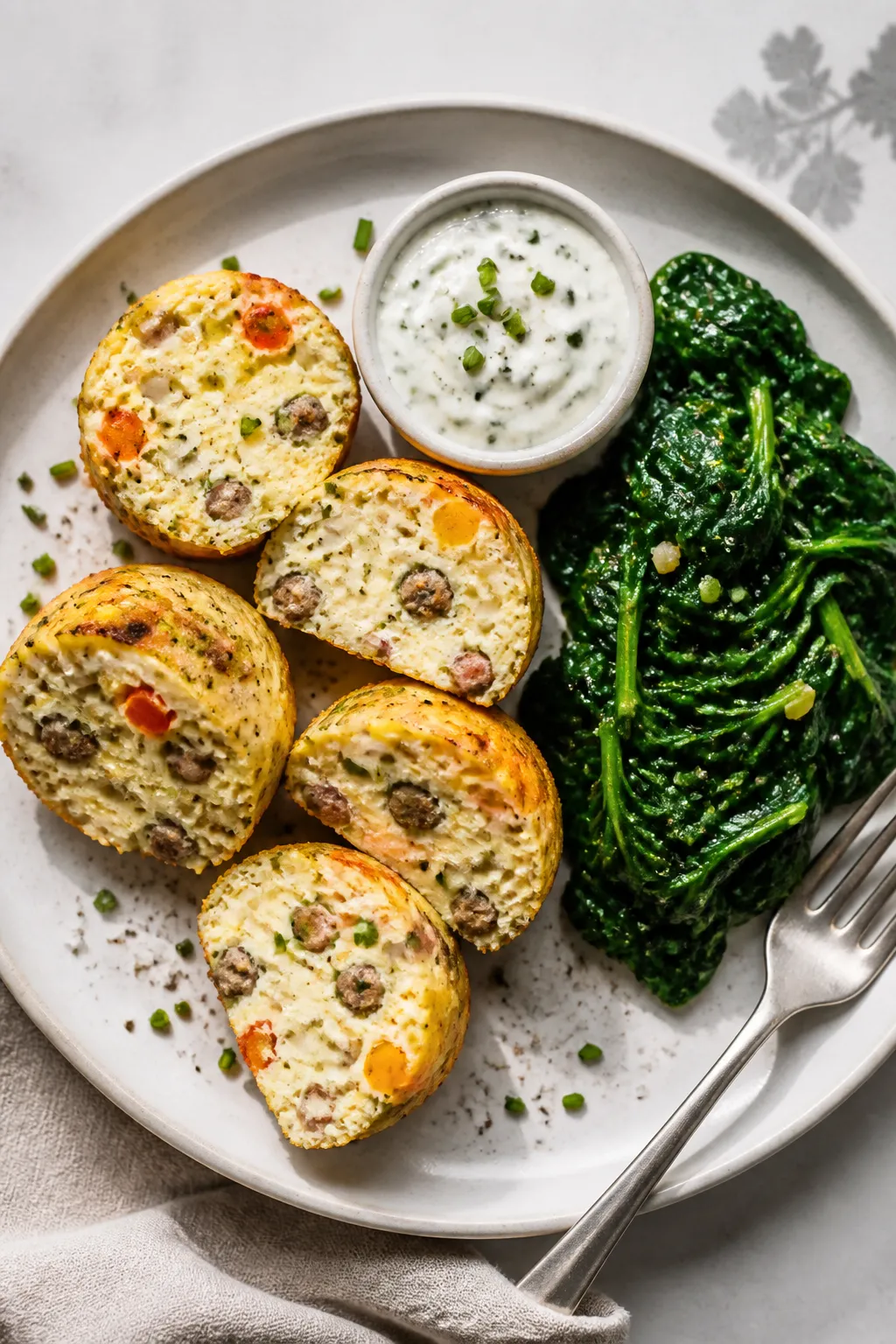 Final plated, overhead top view: Beautifully plated High Protein Cottage Cheese Egg Bites arranged o
