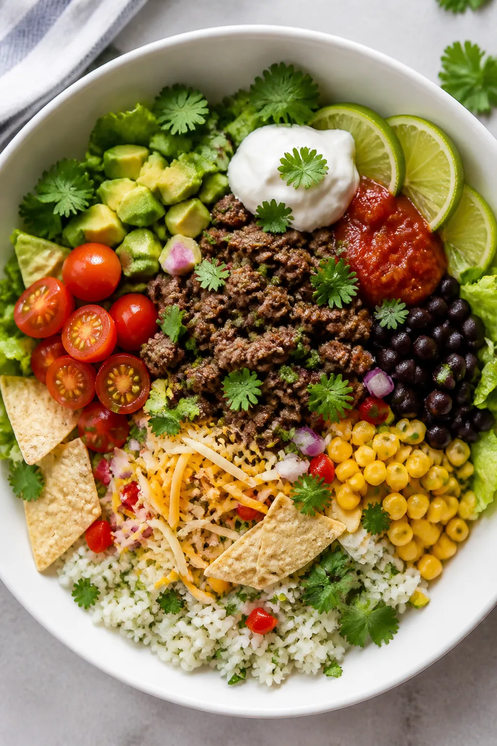 Final plated overhead: Vibrant burrito bowl top-down on a matte white bowl—fluffy cilantro-lime ri