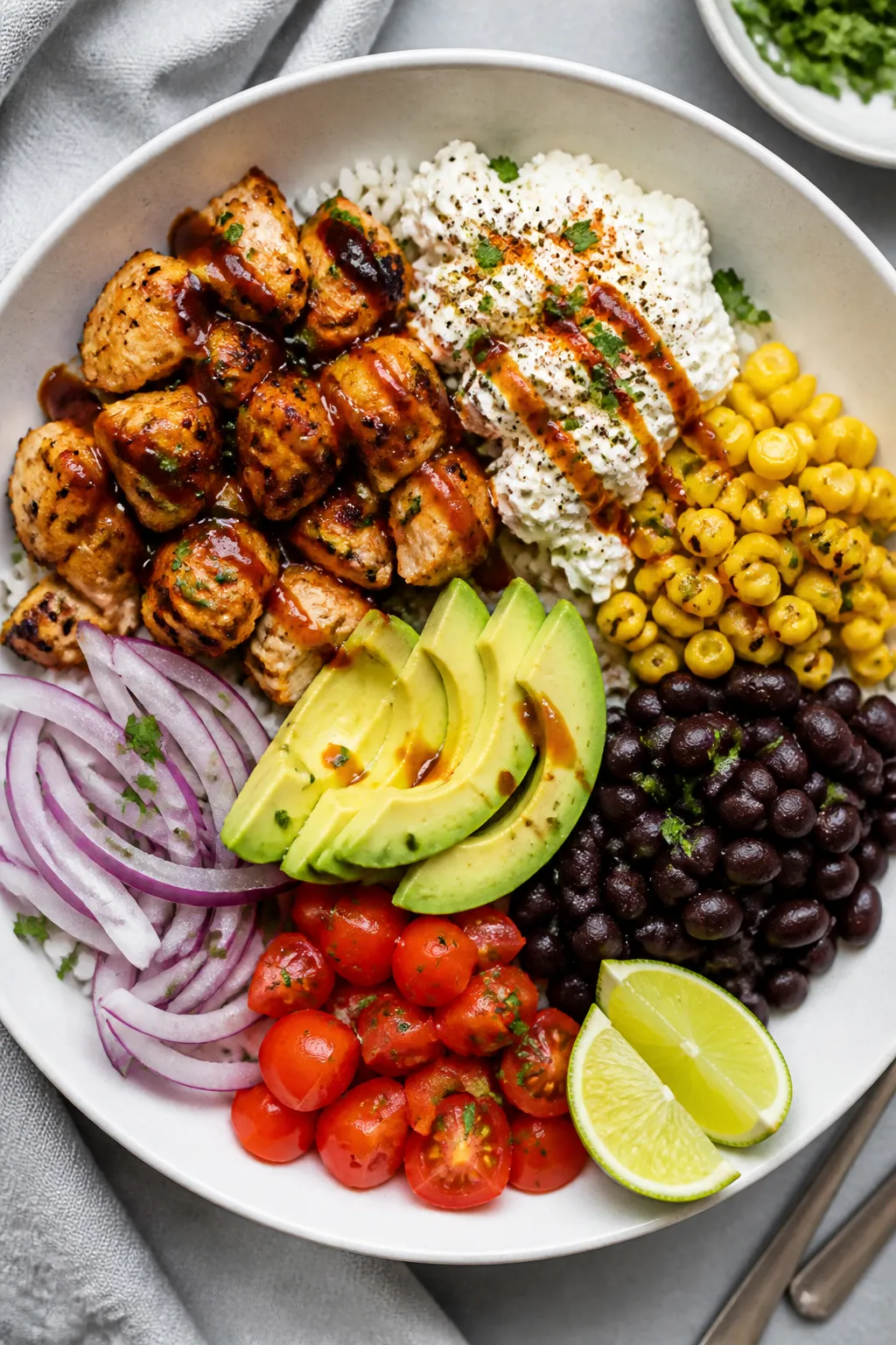 Final plated, tasty top view: Overhead shot of a Cottage Cheese BBQ Chicken Bowl arranged in a wide,