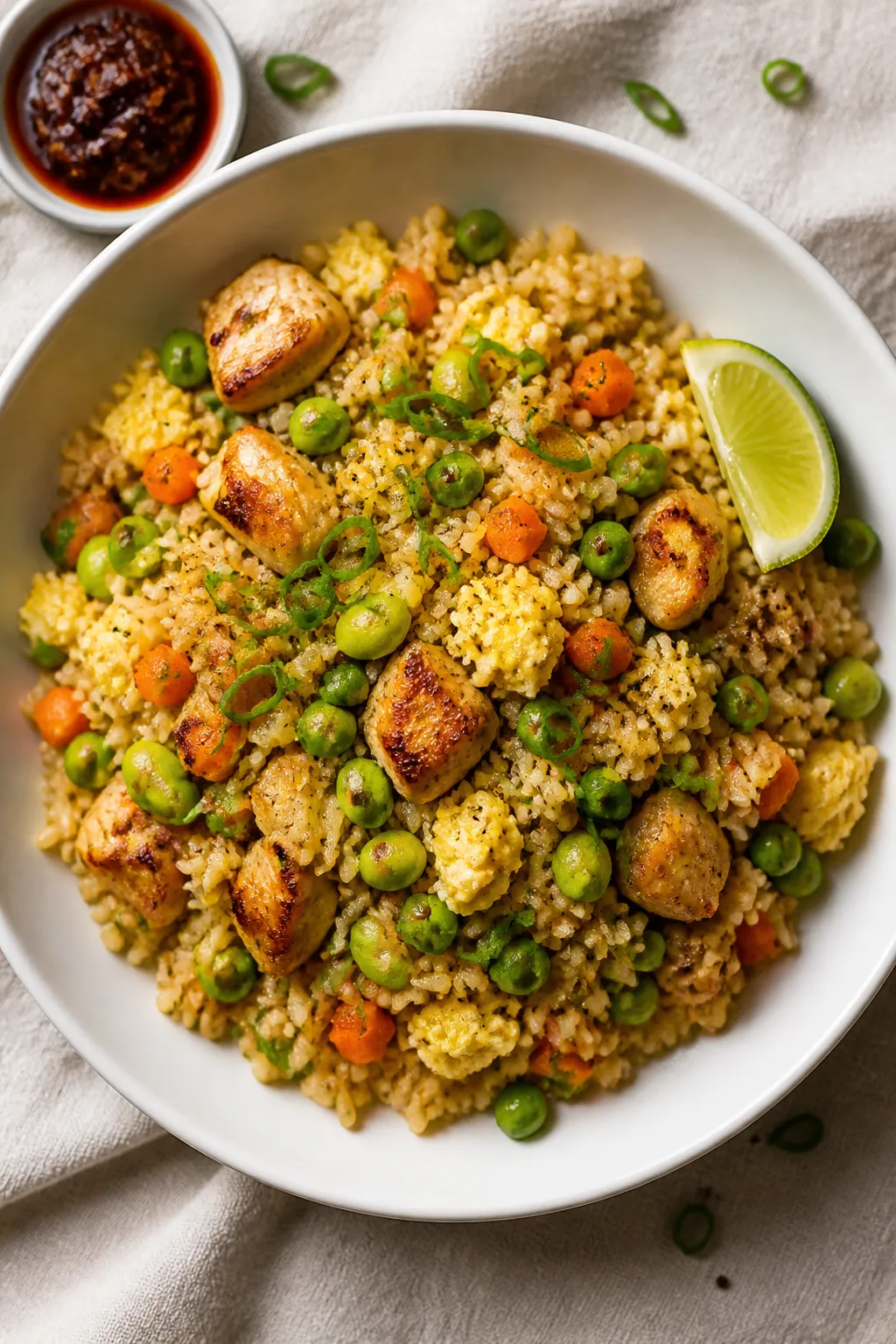Final plated, tasty top view: Overhead shot of a generous bowl of High Protein Chicken Fried Rice pl