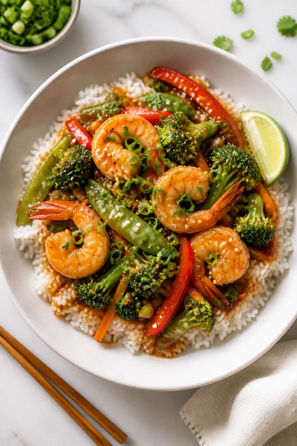 Final plated, tasty top view: Overhead shot of Protein Packed Shrimp Stir Fry served over fluffy jas