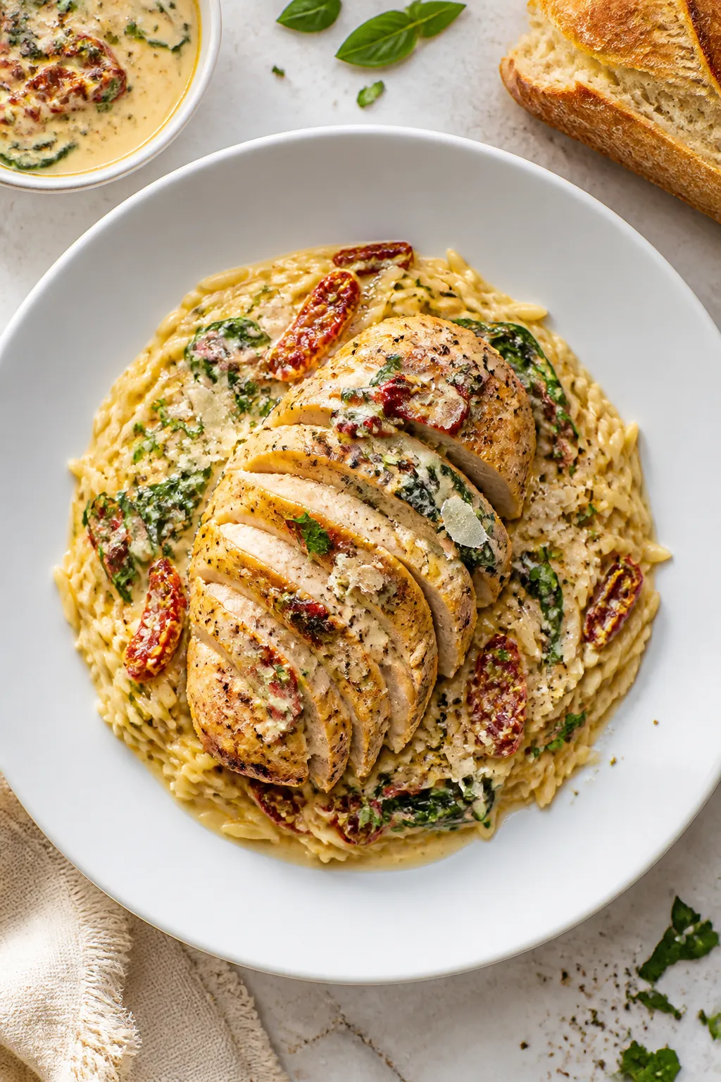 Final plated, tasty top view: Overhead shot of Protein Packed Tuscan Chicken plated on a wide, matte