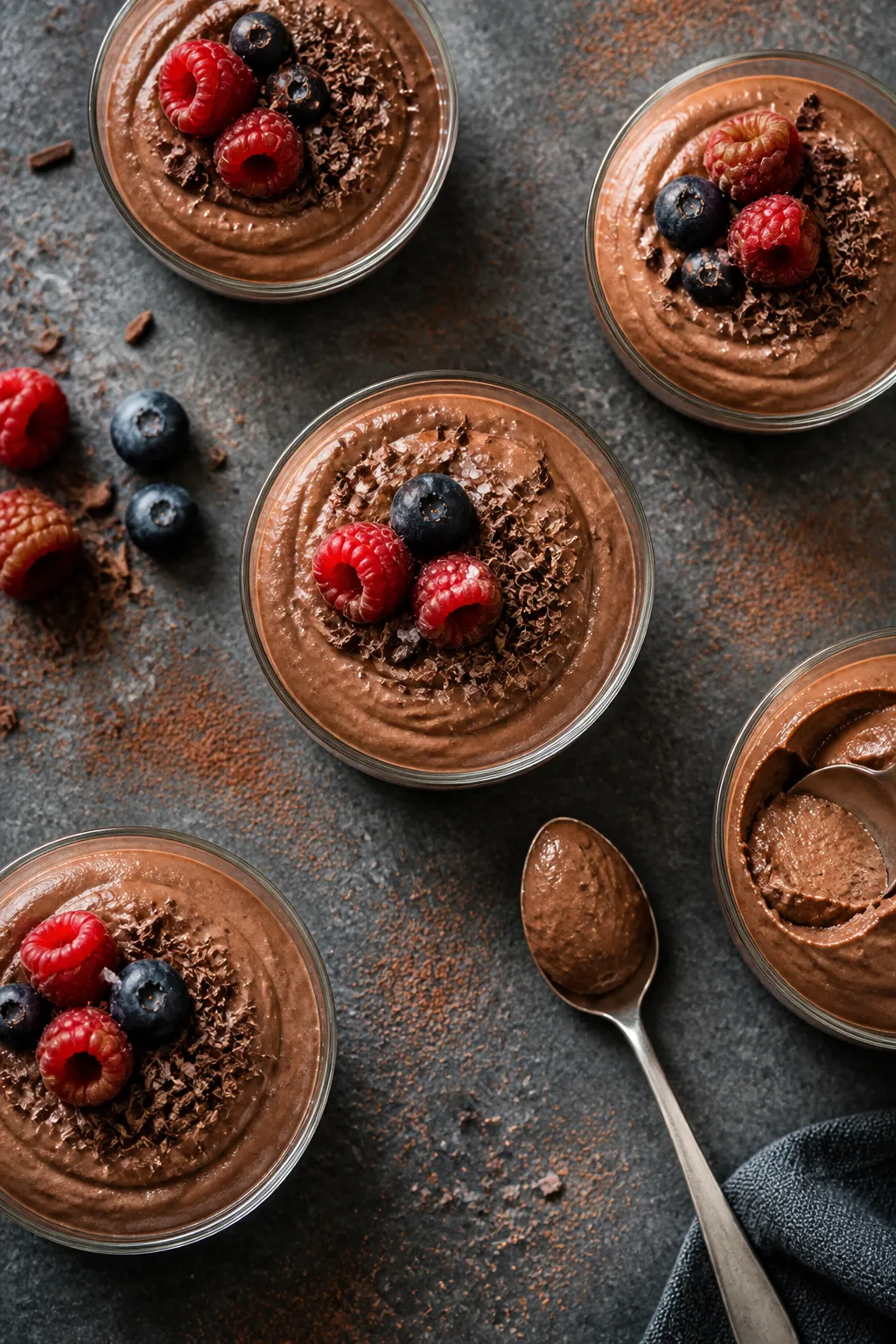 Final plated/top-down shot: Overhead view of chilled cottage cheese chocolate mousse piped into smal