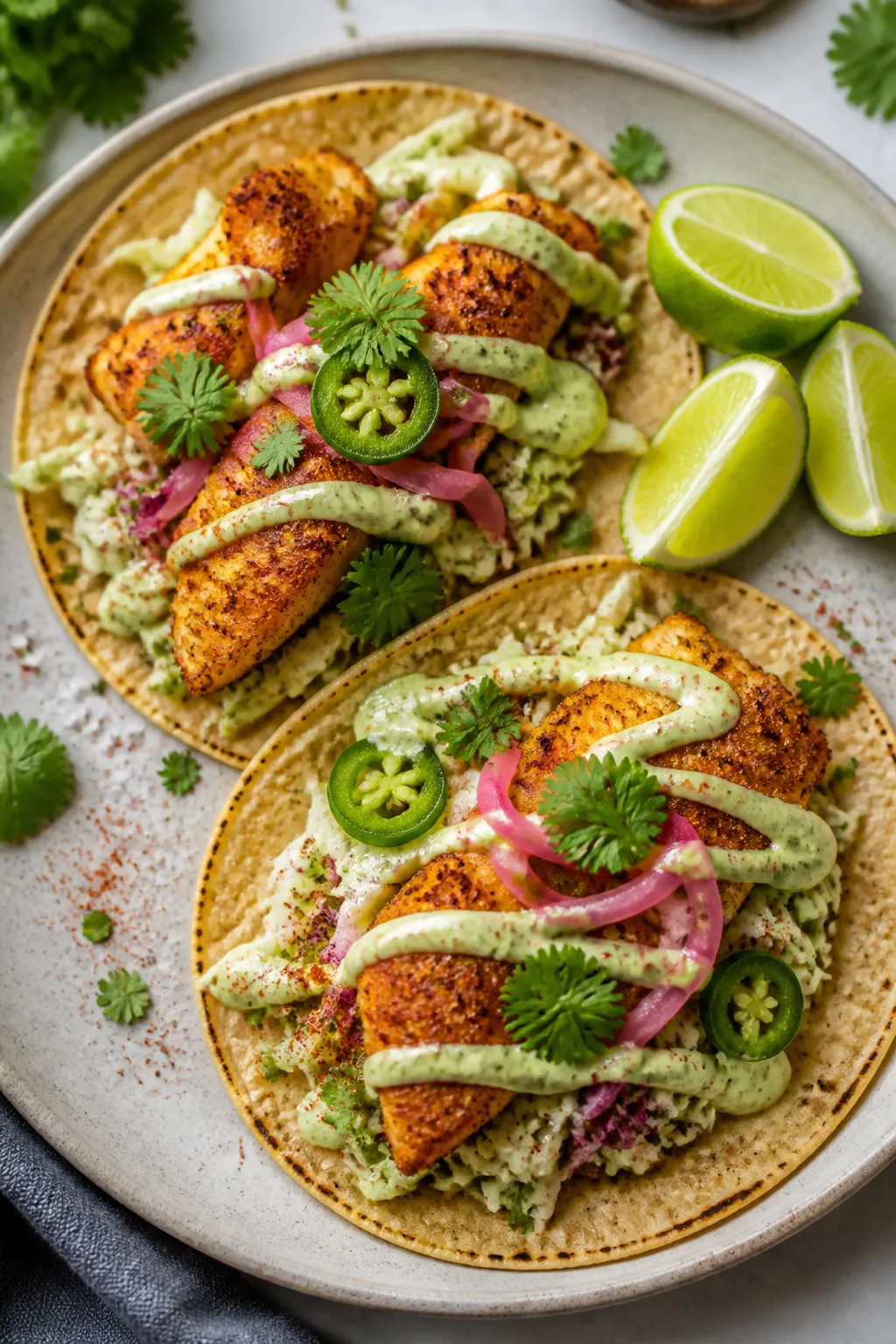 Final taco presentation overhead: Tasty top-down shot of two assembled high-protein white fish tacos