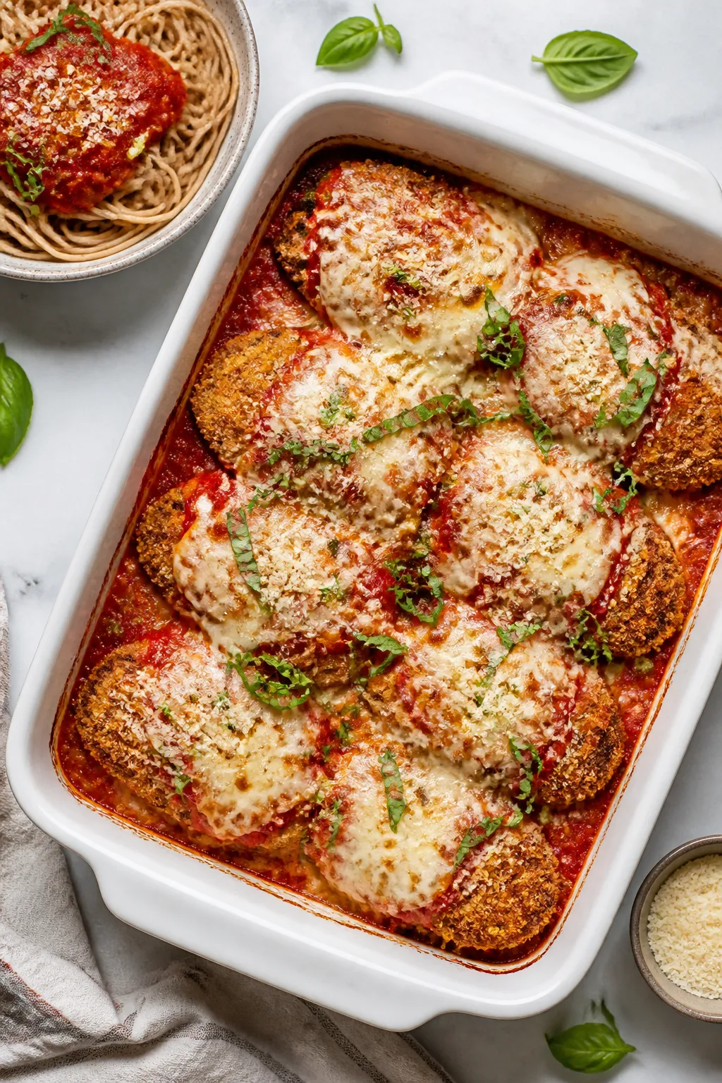 Overhead final dish presentation of Healthy Chicken Parmesan Bake in a white ceramic baking dish: ne