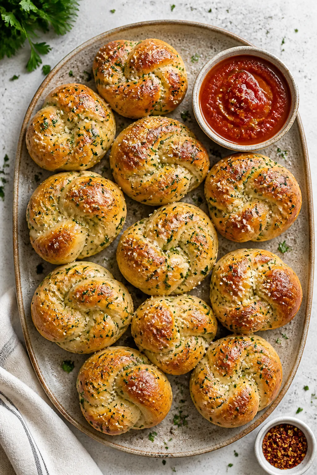 Overhead final presentation: A rustic ceramic platter piled with 12 cottage cheese garlic knots, eve