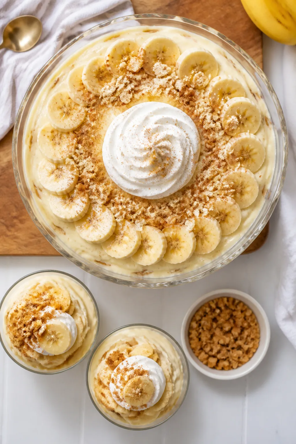 Overhead final presentation: a trifle dish filled with Cottage Cheese Banana Pudding after chilling,