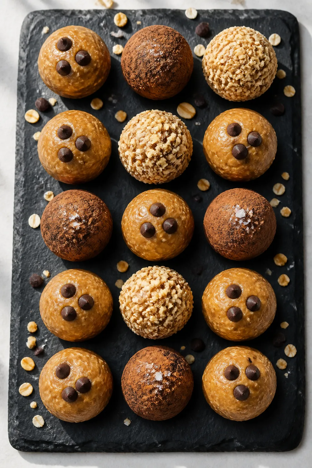 Overhead final presentation: beautifully arranged peanut butter cup protein balls set in a neat grid