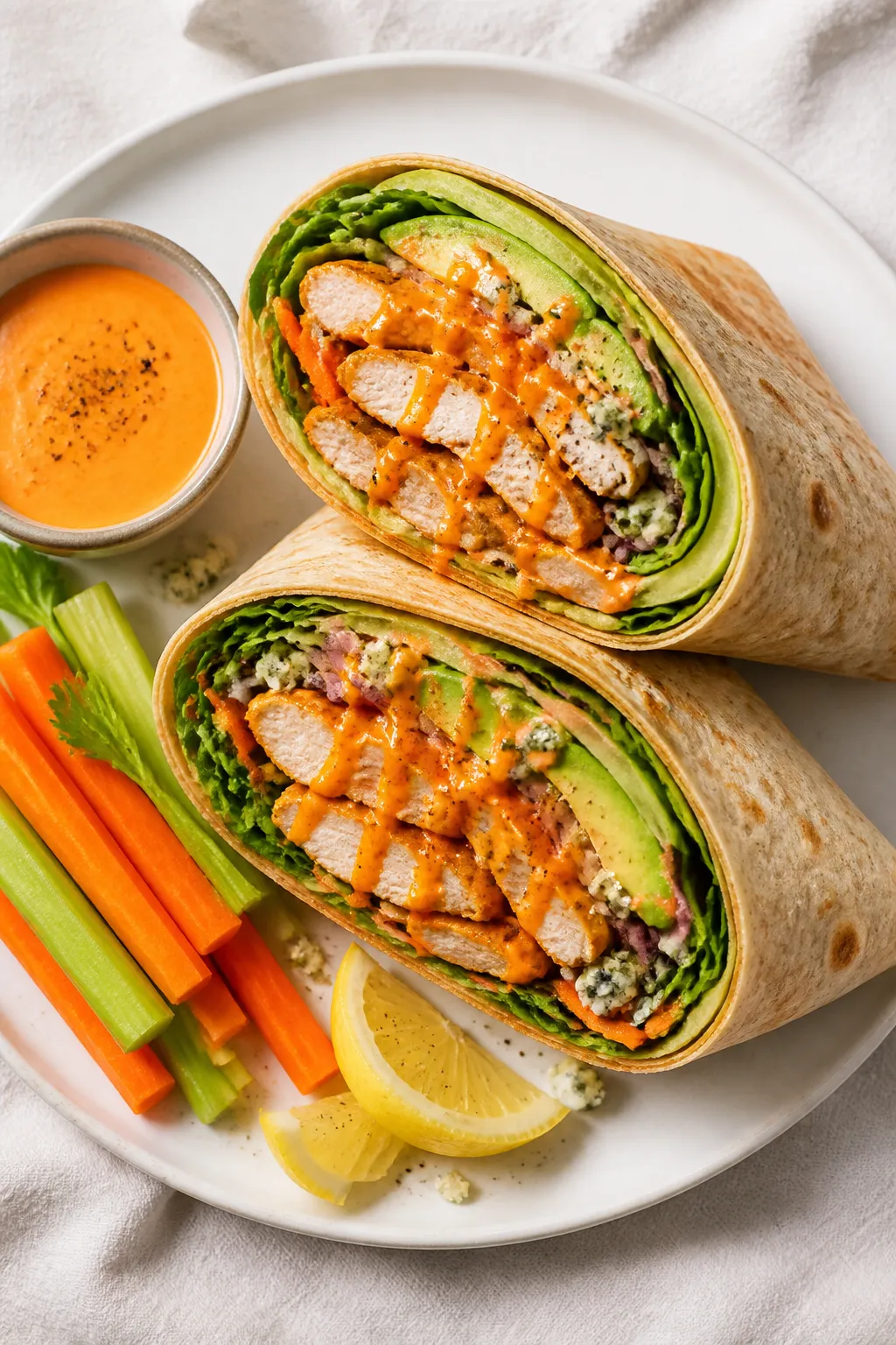 Overhead final presentation of a sliced Buffalo chicken wrap on a matte white plate: tight, neat bur
