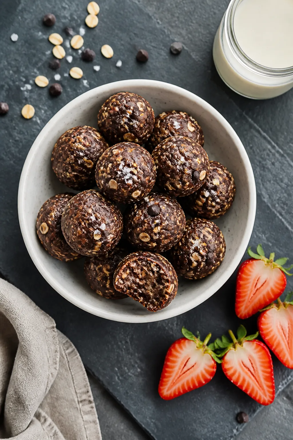 Overhead final presentation of a small mound of chocolate peanut butter protein balls arranged in a