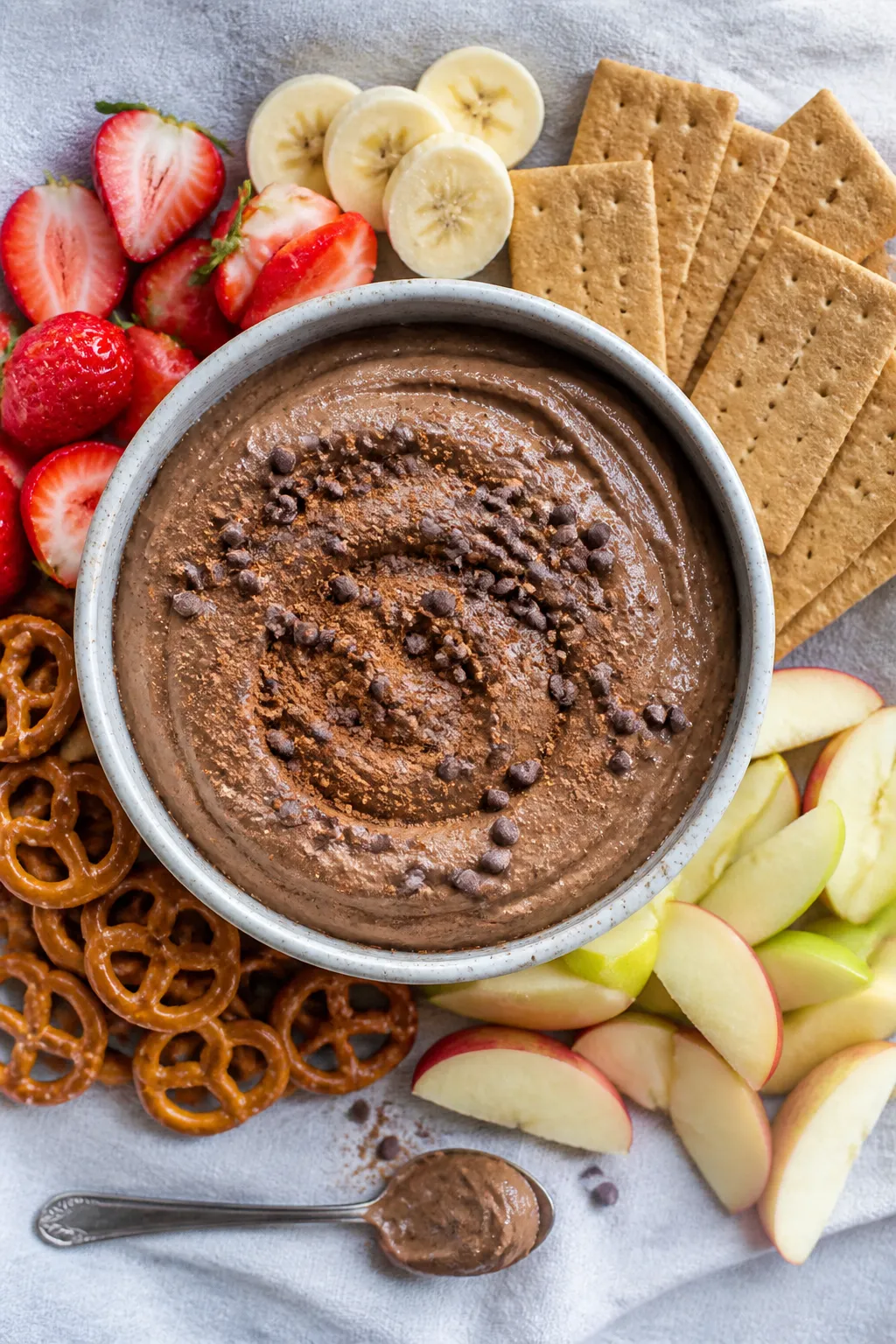 Overhead final presentation of Cottage Cheese Brownie Batter Dip: thick, mousse-like chocolate dip s