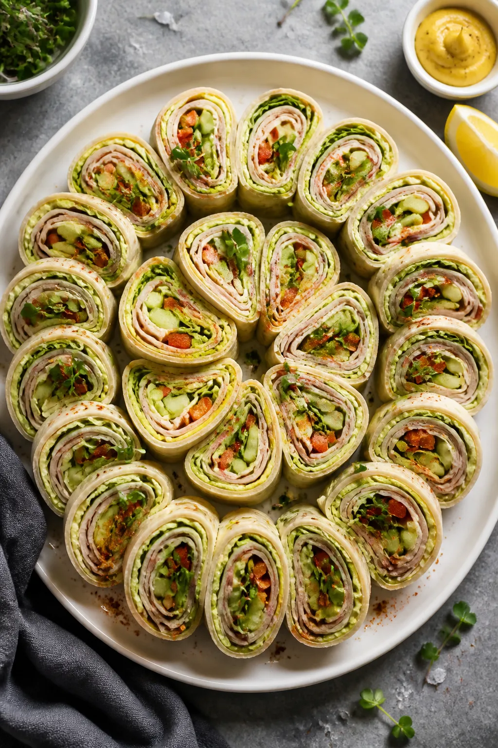 Overhead final presentation of turkey avocado pinwheels arranged in a tight spiral on a matte white