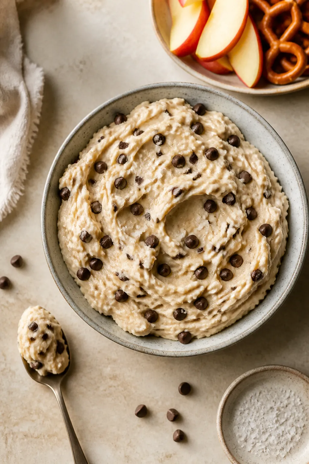 Overhead final presentation: Scoopable cottage cheese cookie dough in a low, matte stoneware bowl, s