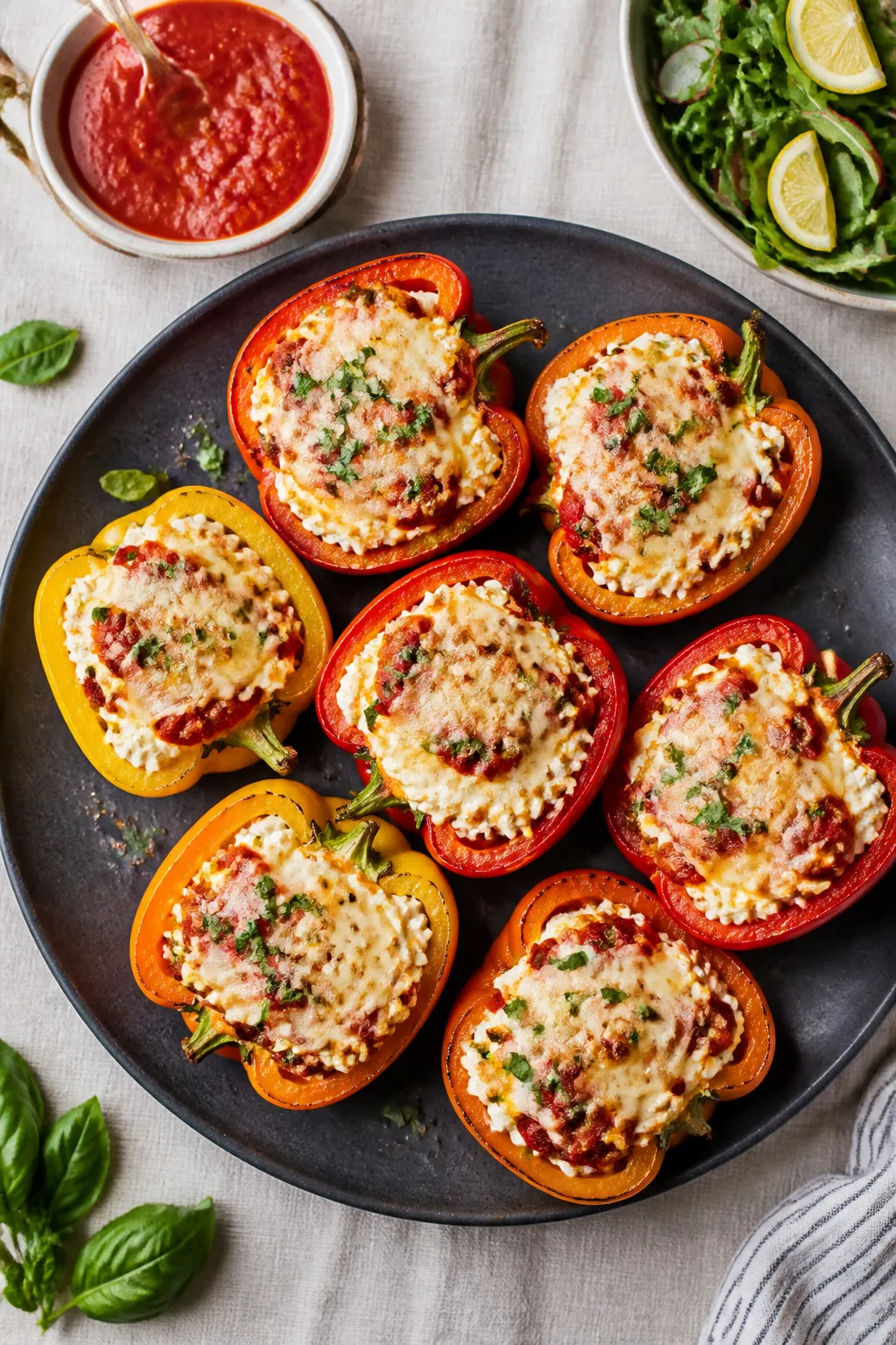 Overhead final presentation shot of assorted cottage cheese stuffed bell peppers (red, yellow, and o