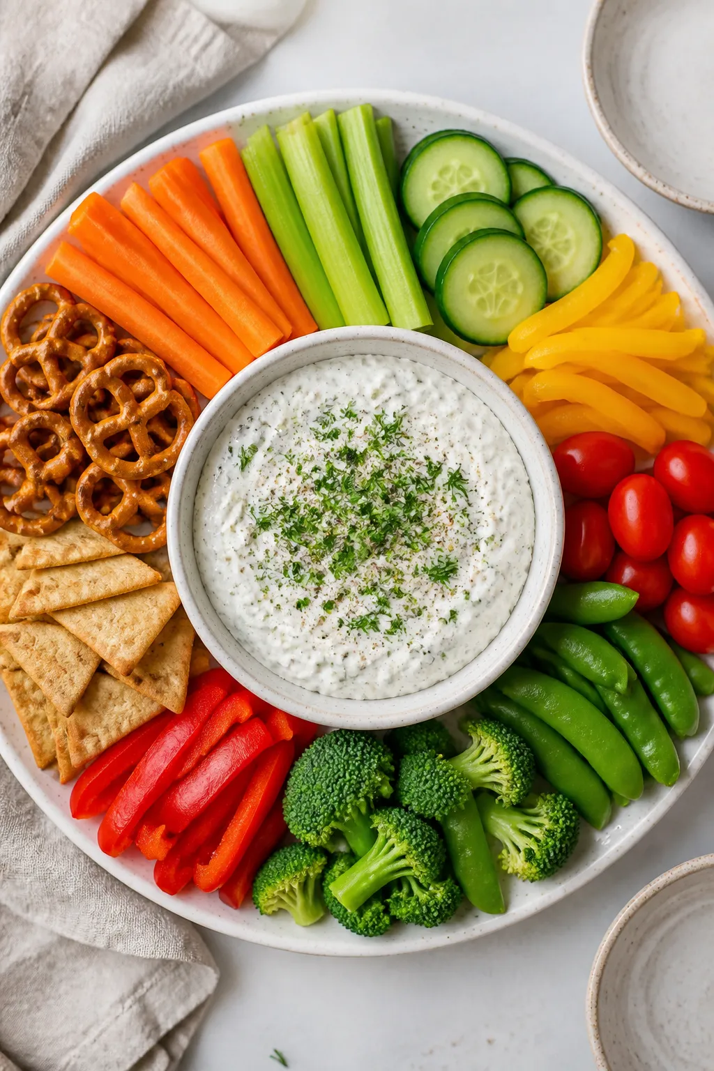 Overhead final presentation: Tasty of a snack board featuring a central bowl of cottage cheese ranch