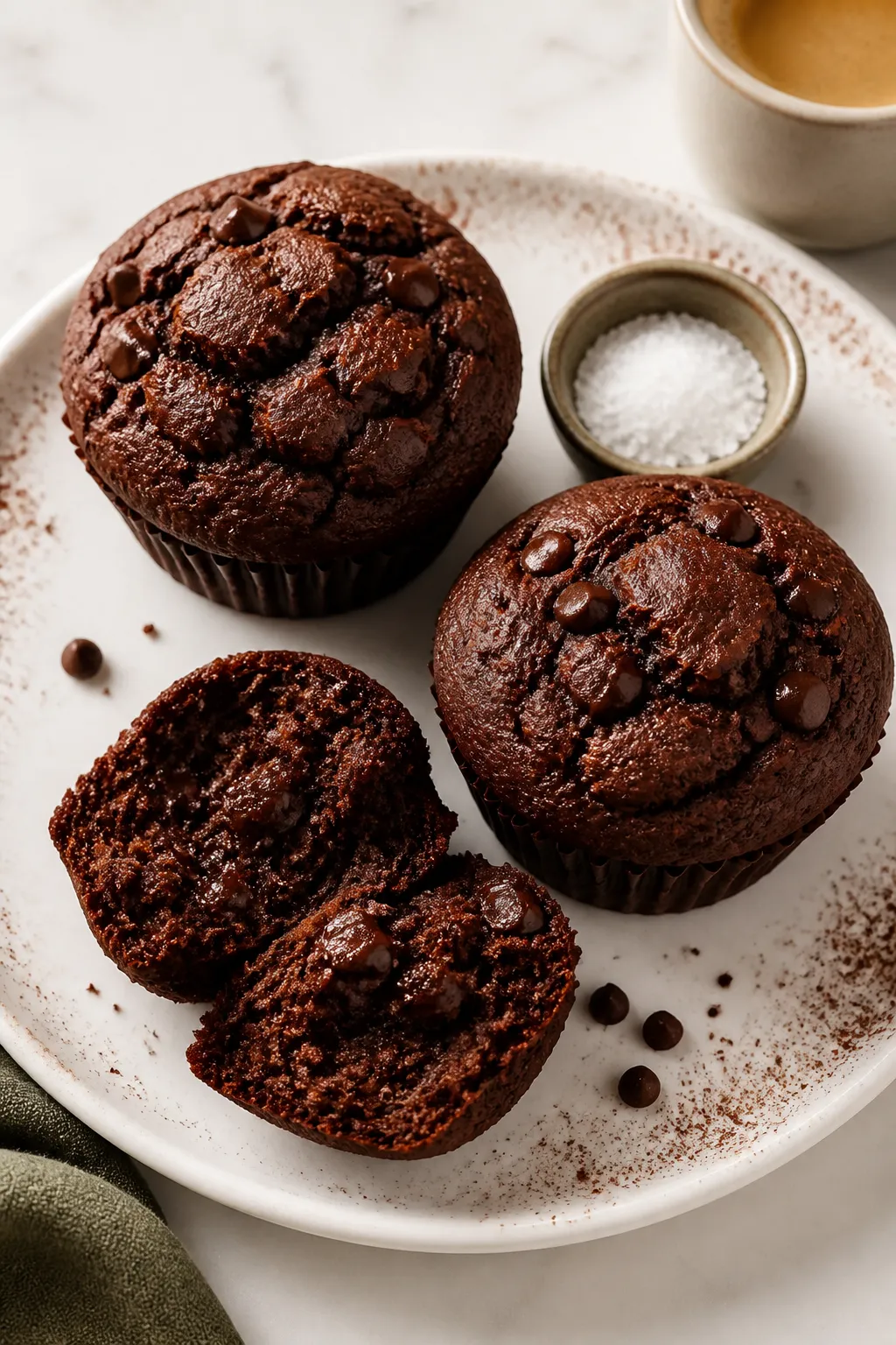 Overhead final presentation: three High Protein Double Chocolate Protein Muffins on a matte white pl
