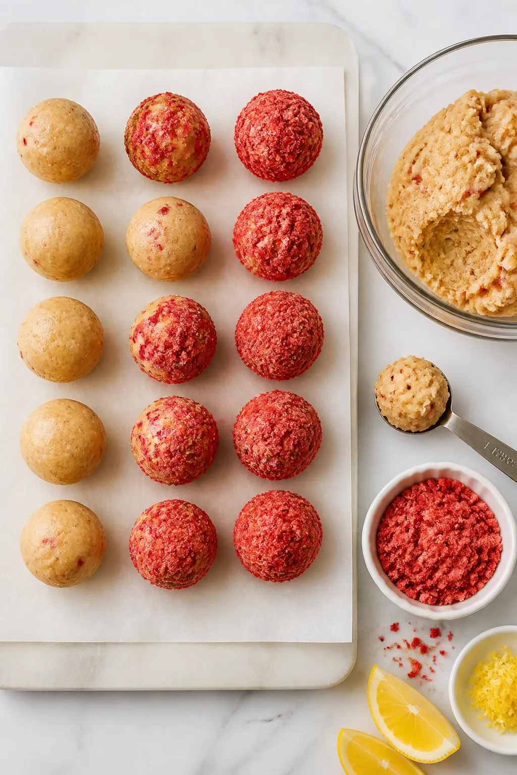 Overhead process-to-plate shot: of a parchment-lined board with neatly rolled strawberry shortcake p