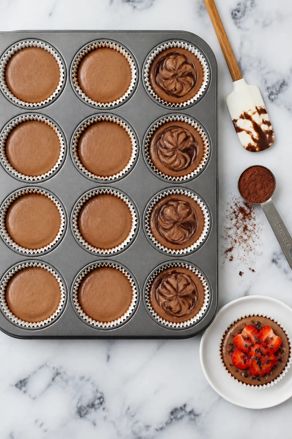 Overhead process-to-serve shot: A 12-cup muffin tin lined with papers on a cool marble surface, each