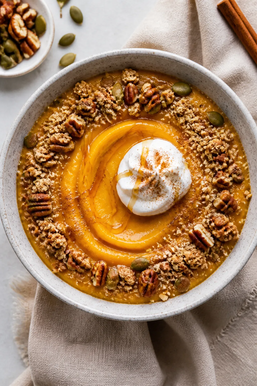 Overhead shot of a Cottage Cheese Pumpkin Pie Bowl just assembled, pudding-smooth orange base swirle