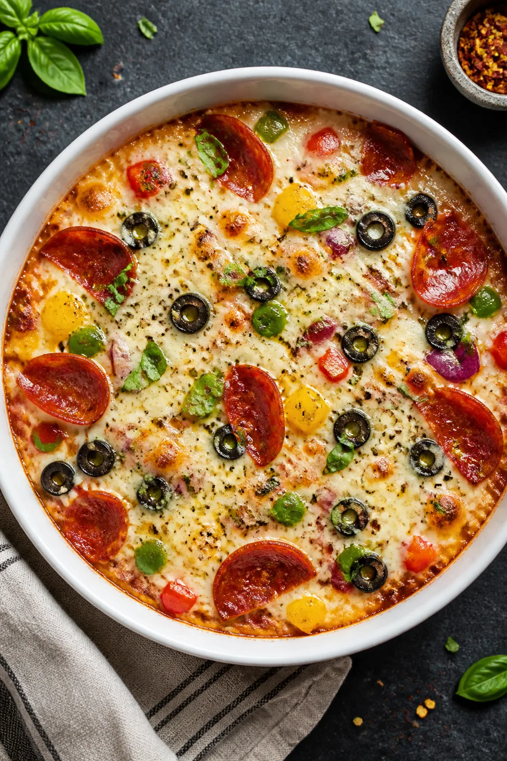 Overhead shot of a finished High-Protein Cottage Cheese Pizza Bowl just out of the broiler: melty, l