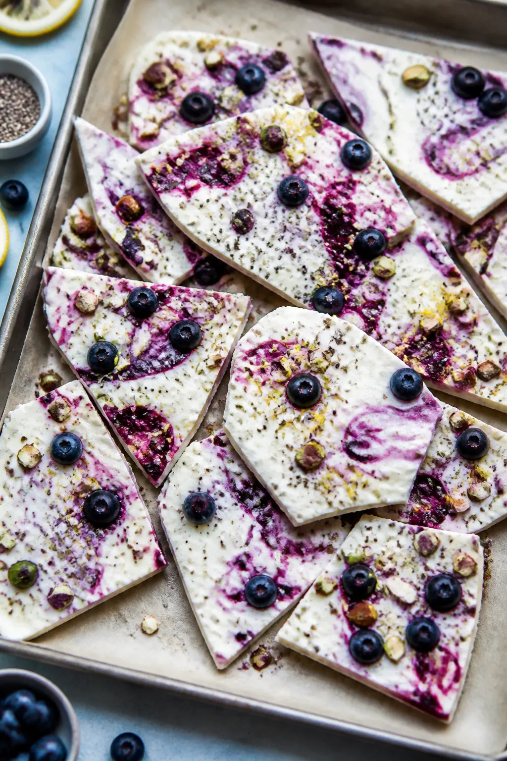 Overhead shot of a freshly frozen and just-broken High Protein Blueberry Greek Yogurt Bark slab on p