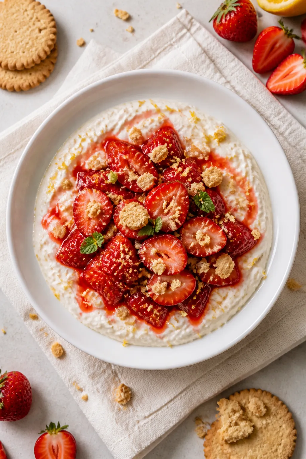 Overhead shot of a fully assembled Cottage Cheese Strawberry Shortcake Bowl: silky blended cottage c