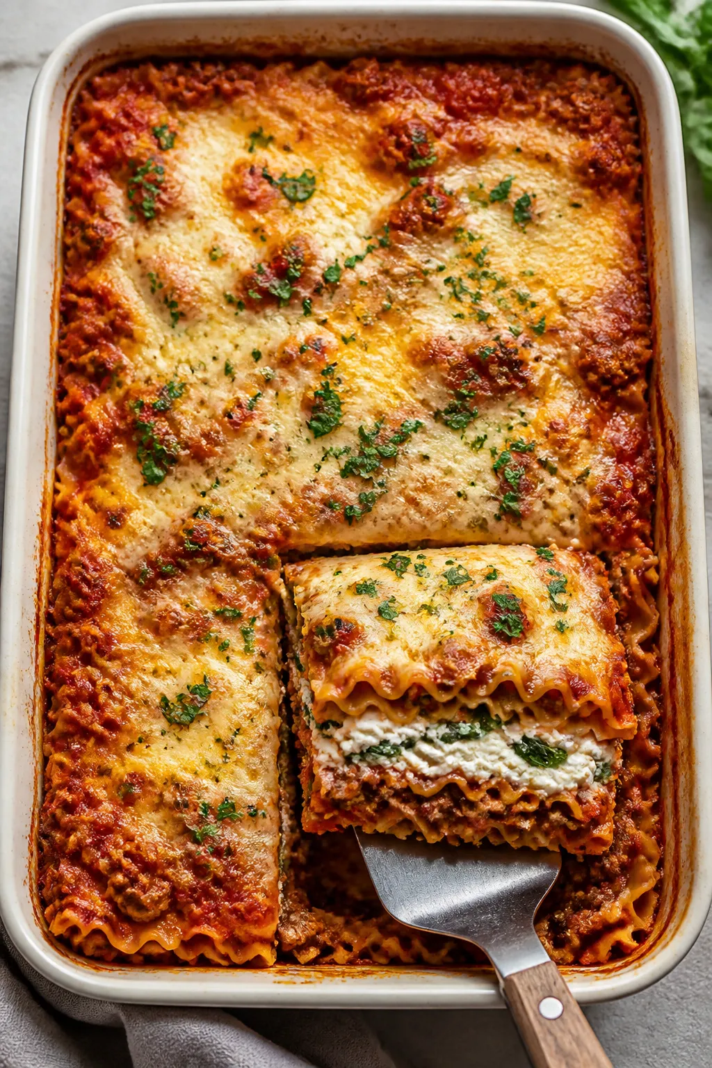 Overhead shot of a just-baked Cottage Cheese Lasagna Bake in a 9x13 pan, foil freshly removed, top l