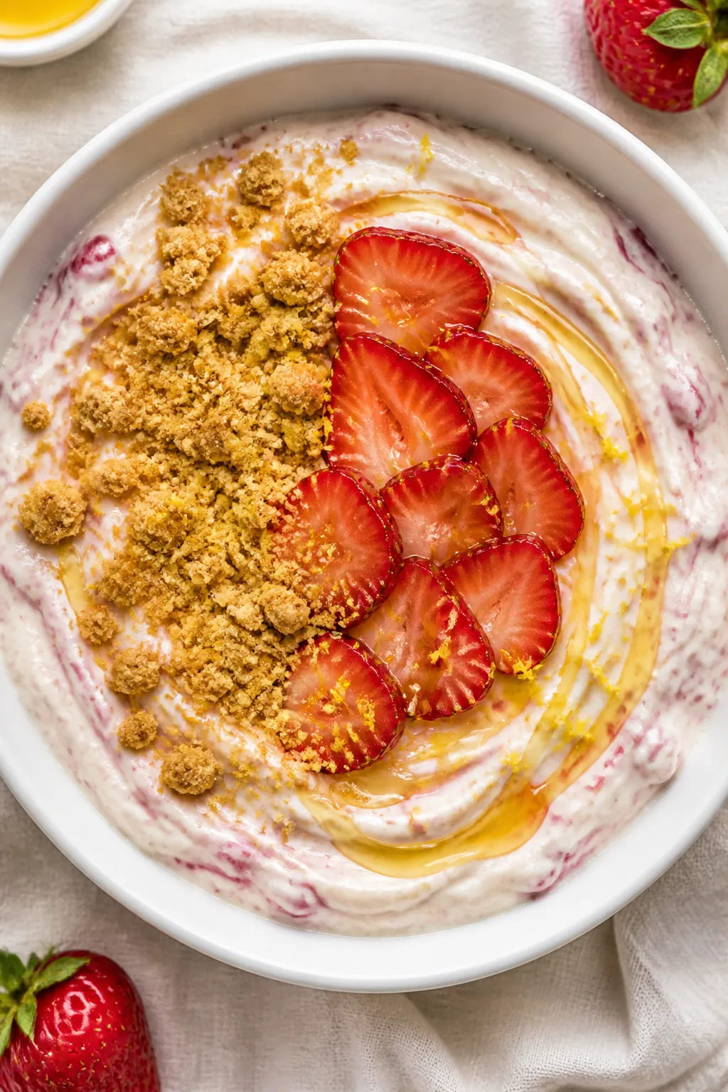 Overhead shot of a prepared Strawberry Cottage Cheese Cheesecake Bowl right after assembly, showing 