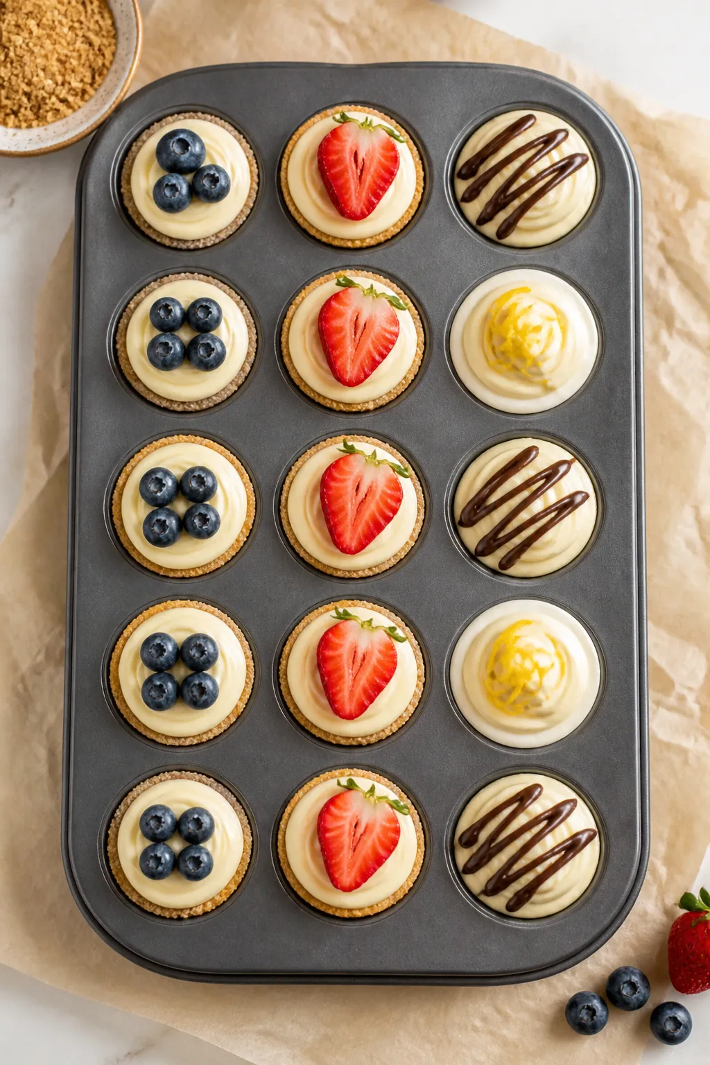 Overhead shot of a tray of high-protein no-bake cheesecake bites set in a silicone mini-muffin mold,