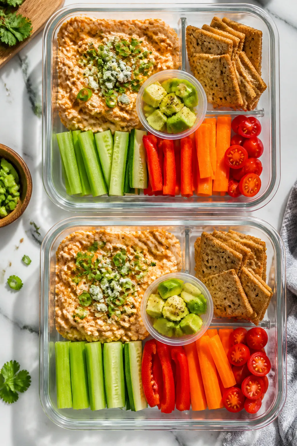 Overhead shot of assembled Buffalo Chicken Cottage Cheese Lunch Boxes in clear, compartmented meal-p