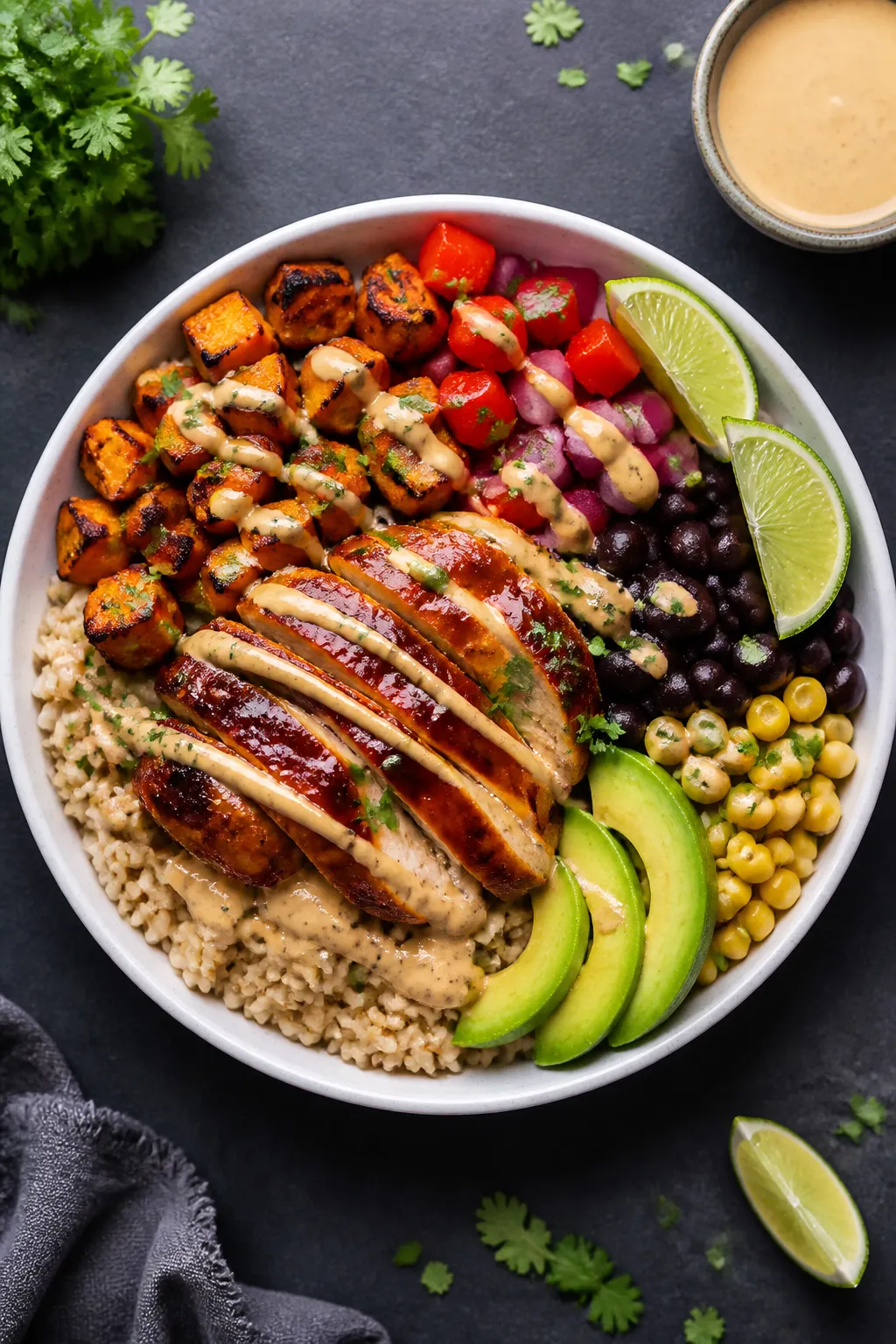 Overhead shot of assembled High Protein BBQ Chicken Bowls: glossy sliced BBQ chicken breast fanned o