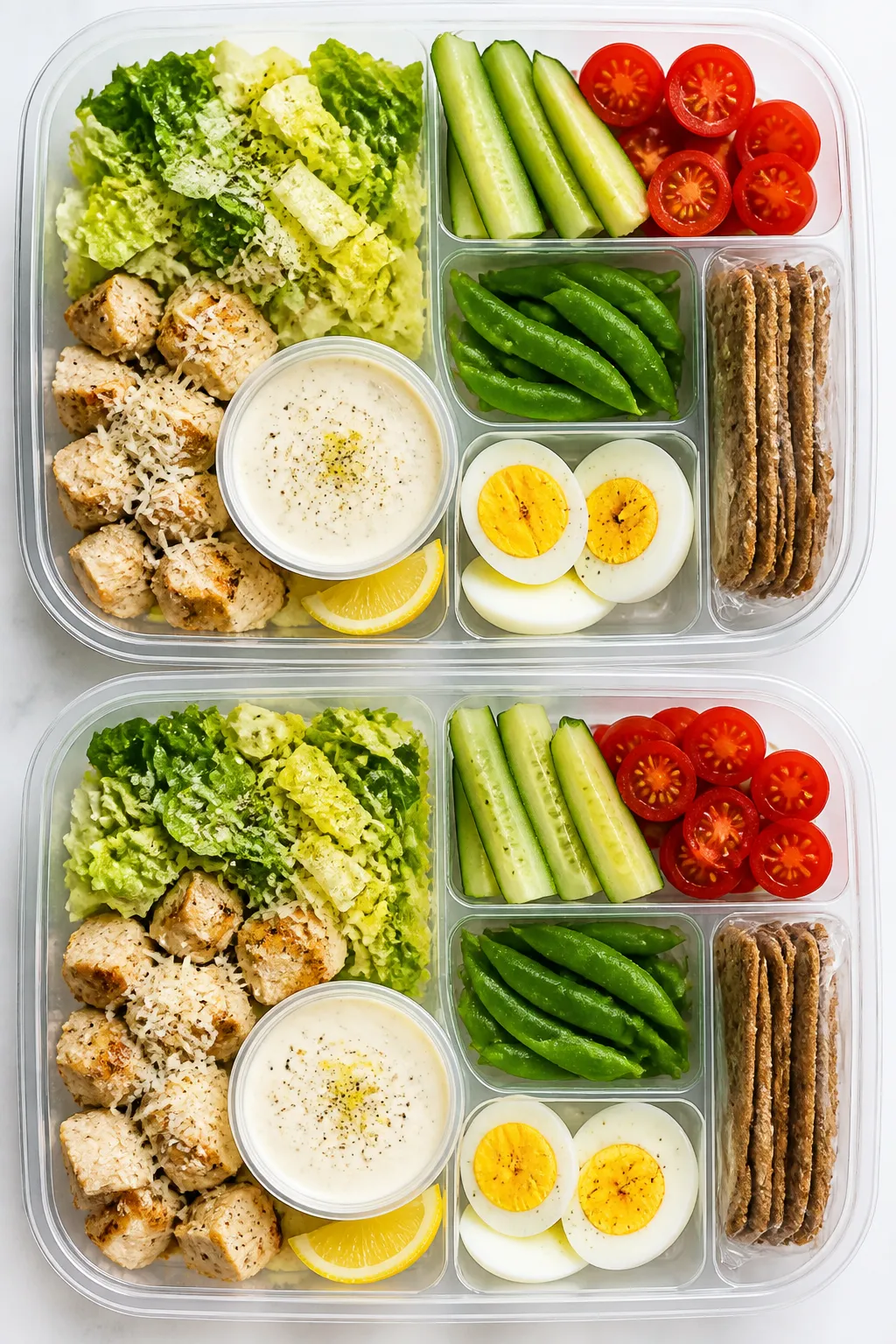 Overhead shot of assembled High Protein Chicken Caesar Snack Boxes in divided meal-prep containers: 
