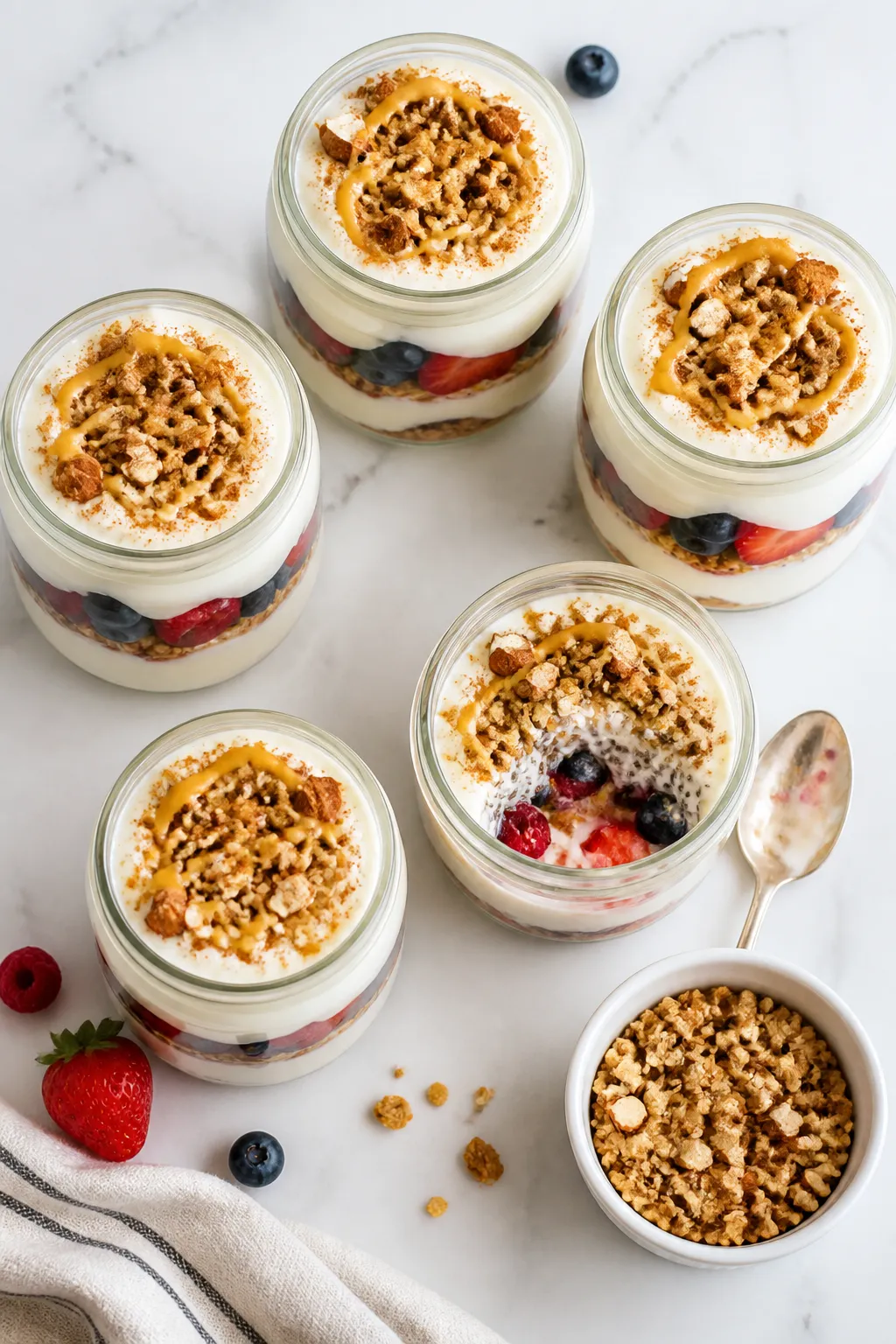 Overhead shot of assembled High Protein Greek Yogurt Parfait Jars ready for the fridge: neat glass j