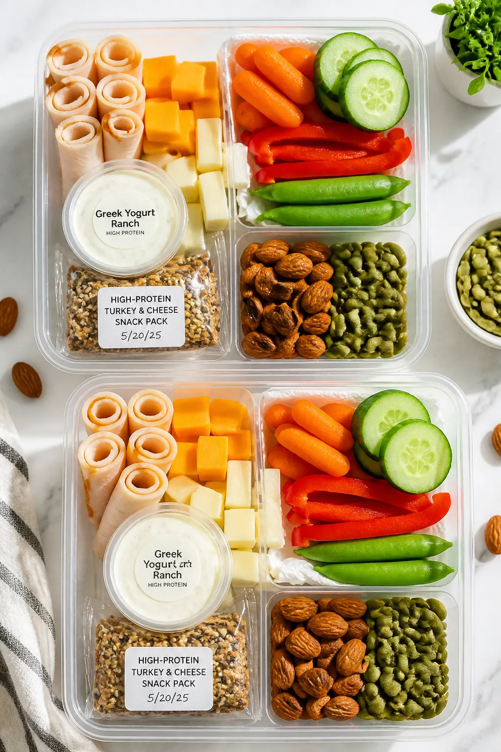 Overhead shot of assembled high-protein turkey and cheese snack packs in clear, compartmentalized me