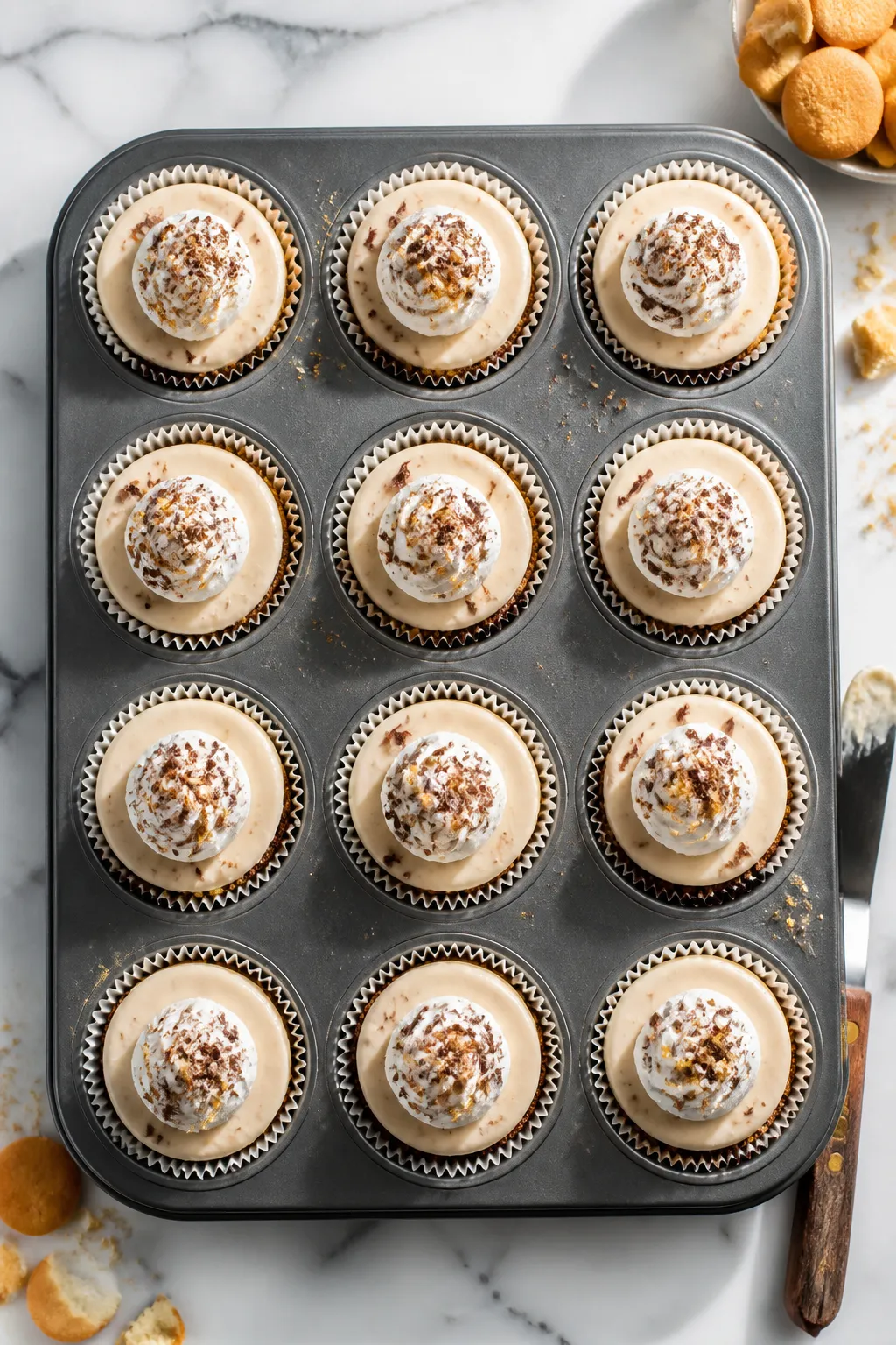Overhead shot of chilled banana cream pie protein cups in a lined muffin tin, set and glossy with sm