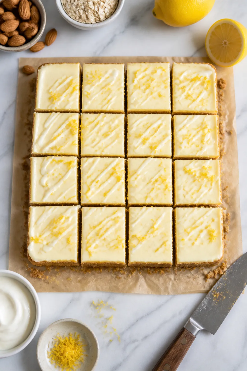 Overhead shot of chilled High Protein Lemon Cheesecake Protein Bites freshly sliced into neat 16 squ
