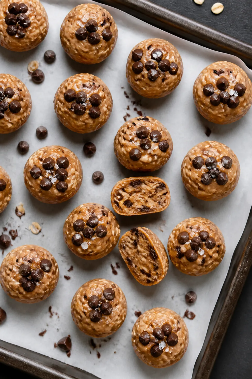 Overhead shot of chilled High Protein Reese’s Protein Bites on a parchment-lined tray just out of
