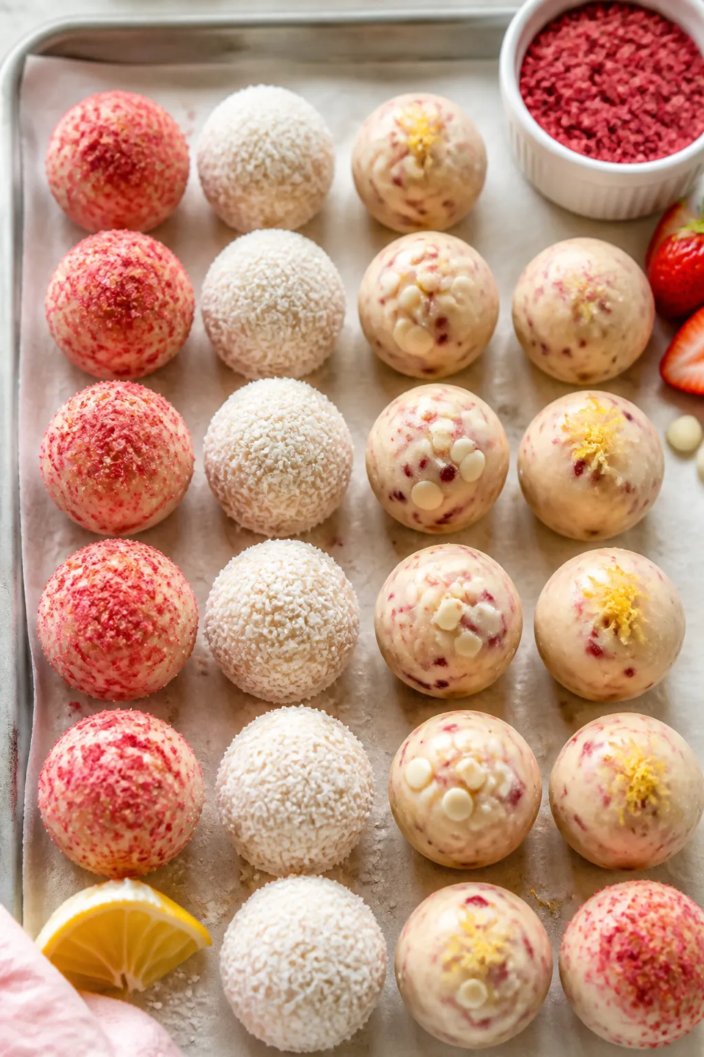 Overhead shot of chilled strawberry cheesecake protein balls arranged on a parchment-lined tray, som